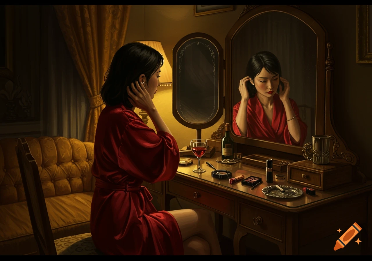 A stylish Asian woman in a red silk robe sits at a vintage vanity, fixing her hair, reflected in the mirror, in a softly lit room.