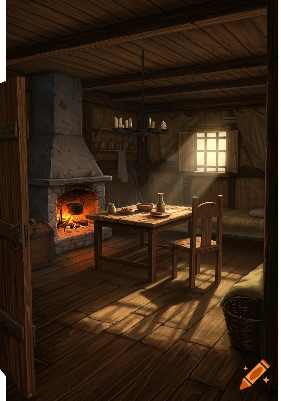 Rustic hovel interior with a glowing fireplace, wooden table, chair, and bed, sun rays stream through a window. Illustration style.