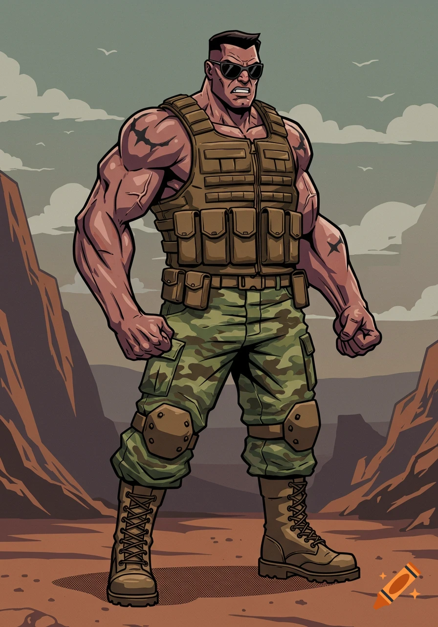 A muscular, comic book style soldier in sunglasses, tactical vest, and camouflage pants stands in a desert landscape.