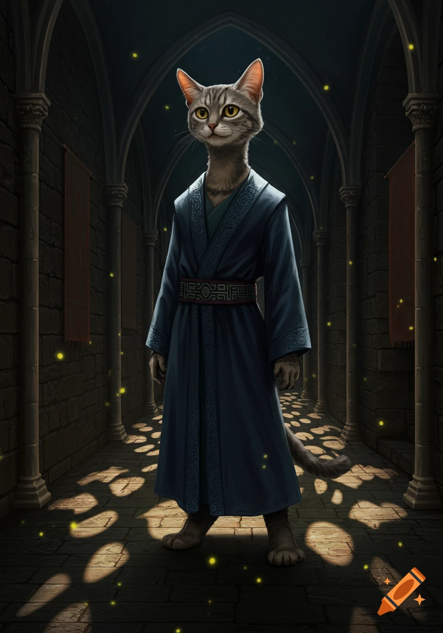 An anthropomorphic cat in a blue robe stands in a dark, arched stone corridor with glowing yellow lights on the floor. Digital art.