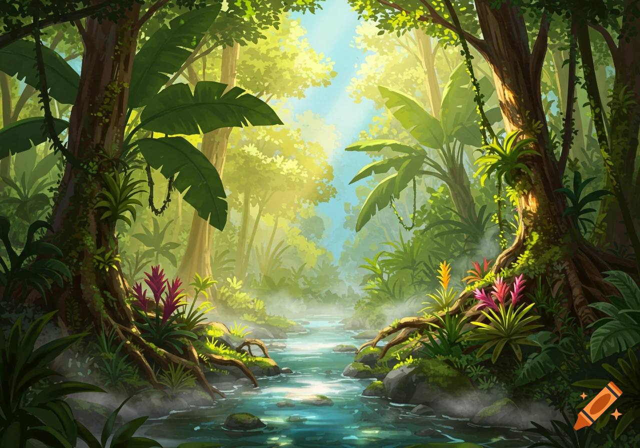 Lush, sun-dappled rainforest with a winding stream flowing between vibrant green foliage and tropical flowers, digital painting.