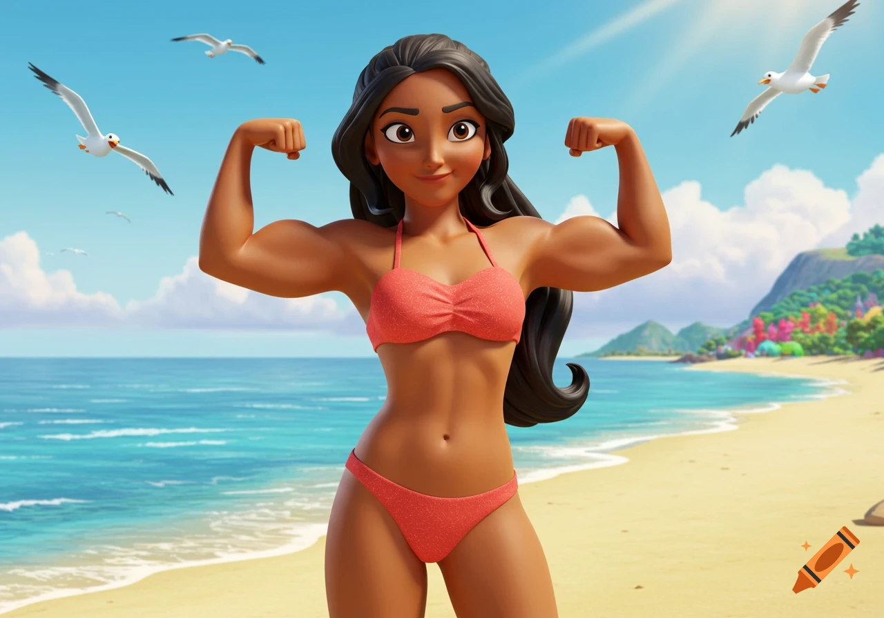 A 3D cartoon of Elena of Avalor flexing her muscles on a sunny beach.
