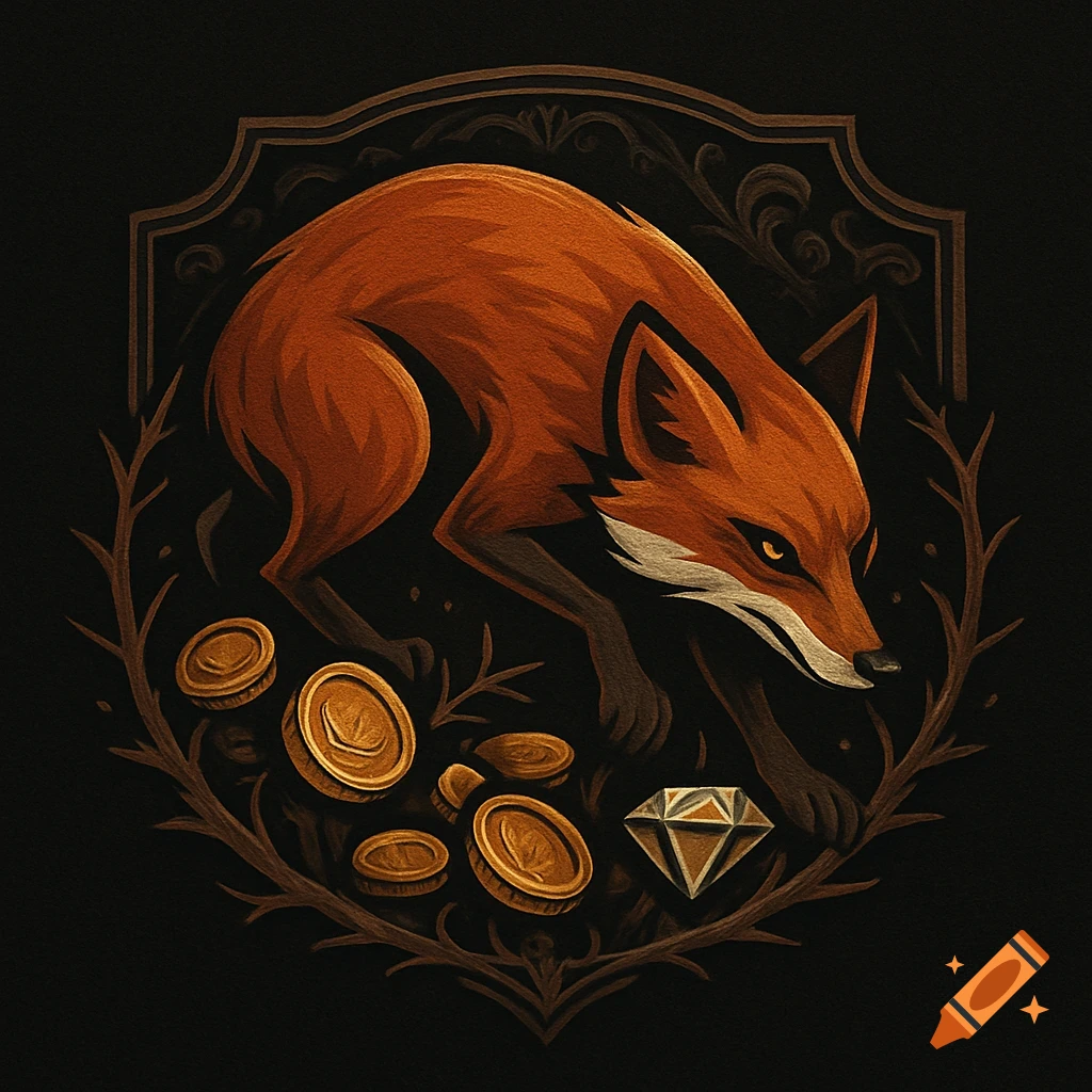 A stylized illustration of a red fox crouching over gold coins and a diamond, framed by dark vines and a crest on a black background.