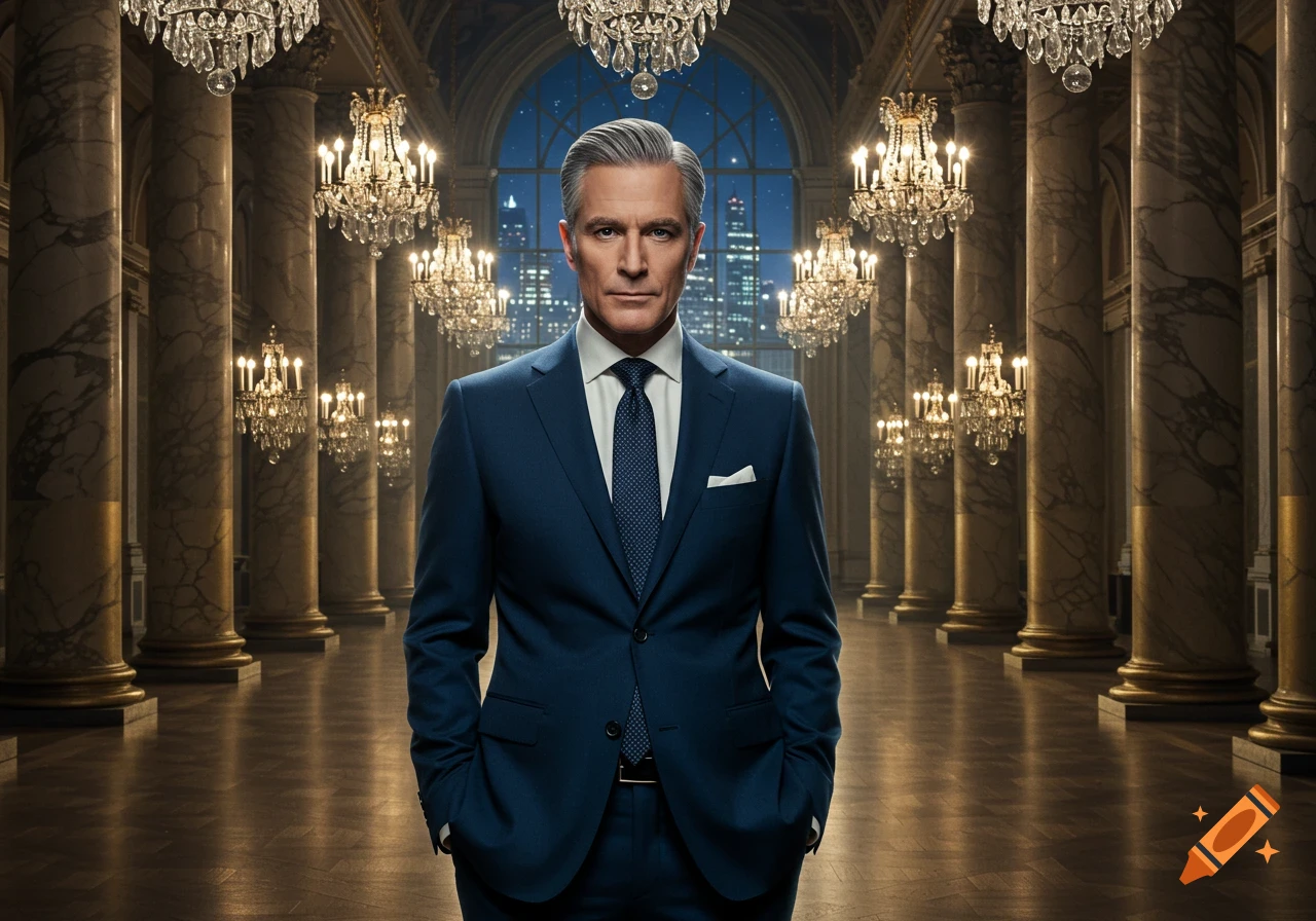 A serious man in a navy suit stands in a grand hall with marble columns, chandeliers, and a city skyline visible through a large window.