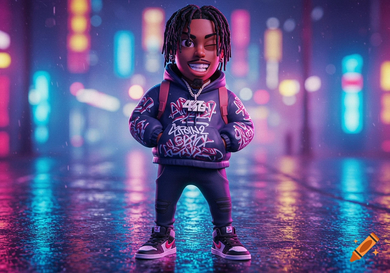 A stylized 3D cartoon male character with dreadlocks, wearing a dark hoodie with graffiti-like text, jeans, and sneakers, winks in a rainy neon city street.
