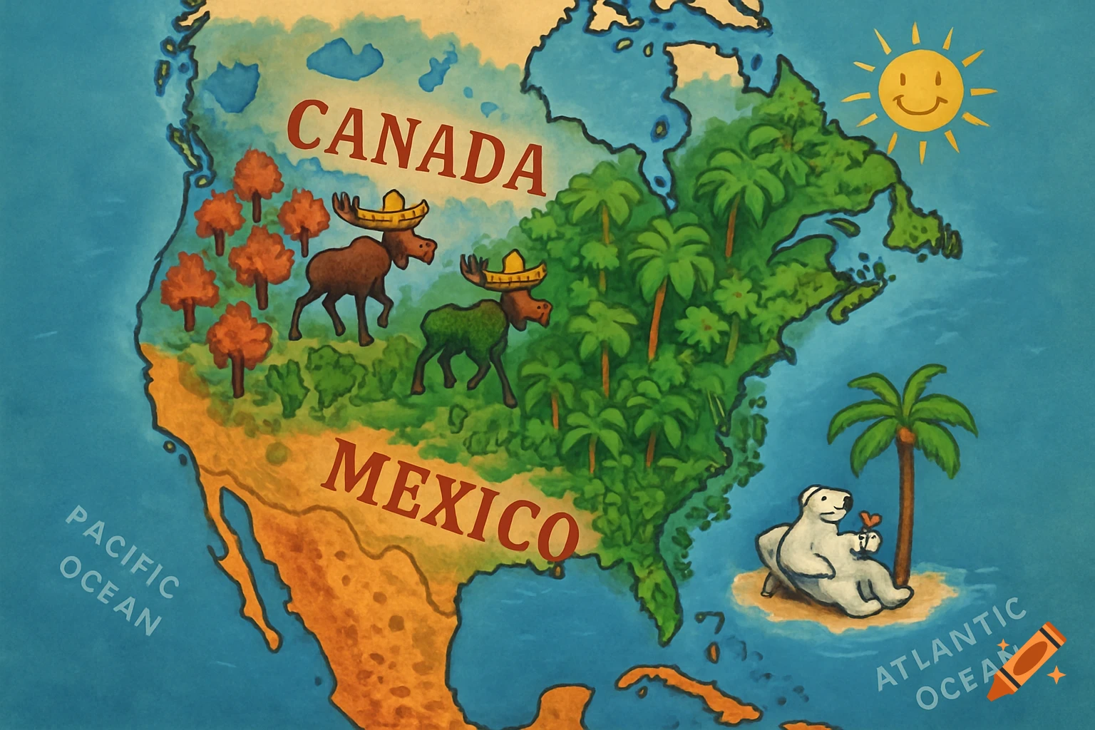 A whimsical, hand-drawn map of North America shows Canada connected directly to Mexico. Moose in sombreros are in Canada, a polar bear holds a heart on an island in the Atlantic Ocean.