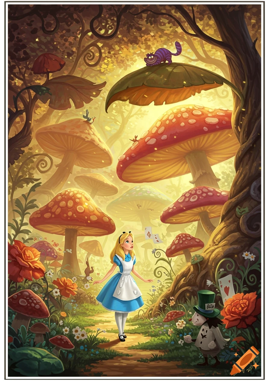Alice in a whimsical, enchanted forest with giant red mushrooms, the Cheshire Cat, and a small Mad Hatter character.