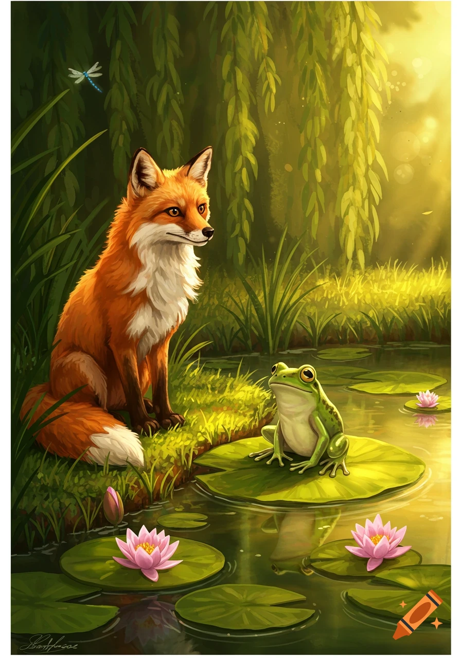An illustrated fox sits by a pond, looking at a frog on a lily pad among water lilies, with glowing forest light.