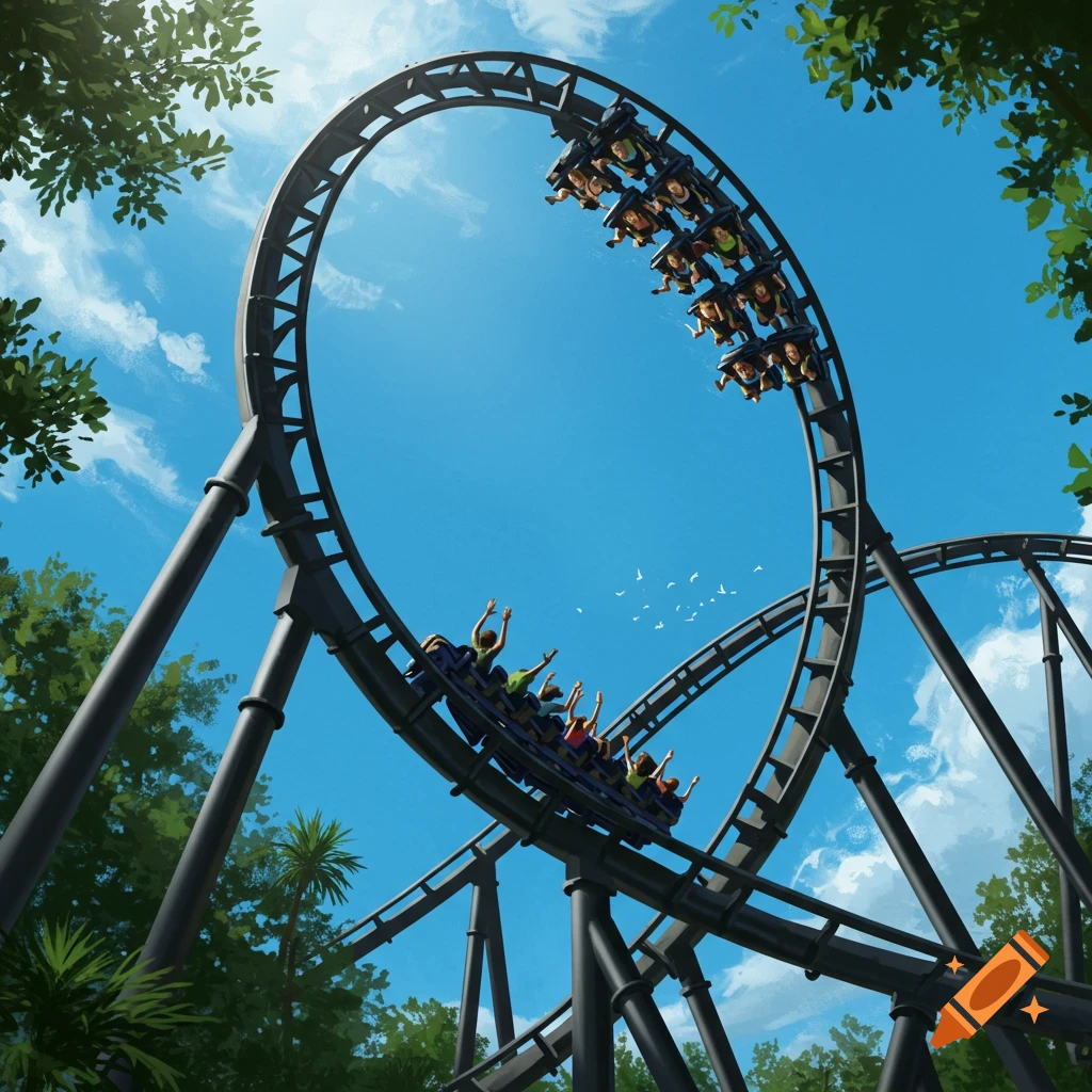 A black roller coaster with riders upside down in a loop and another car on a lower track, surrounded by green trees under a bright blue sky. Digital art.