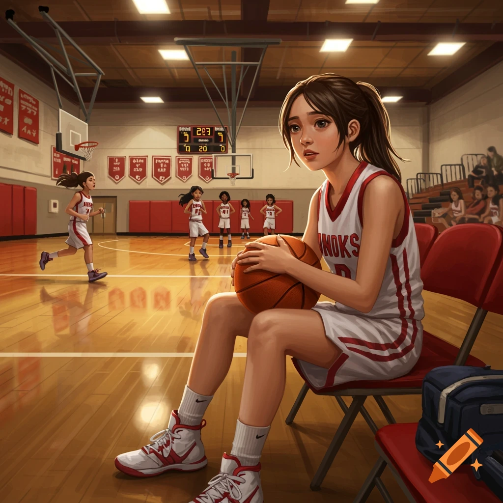 An anime-style girl in a basketball uniform sits on a bench in a gym, holding a basketball. Other players are on the court.