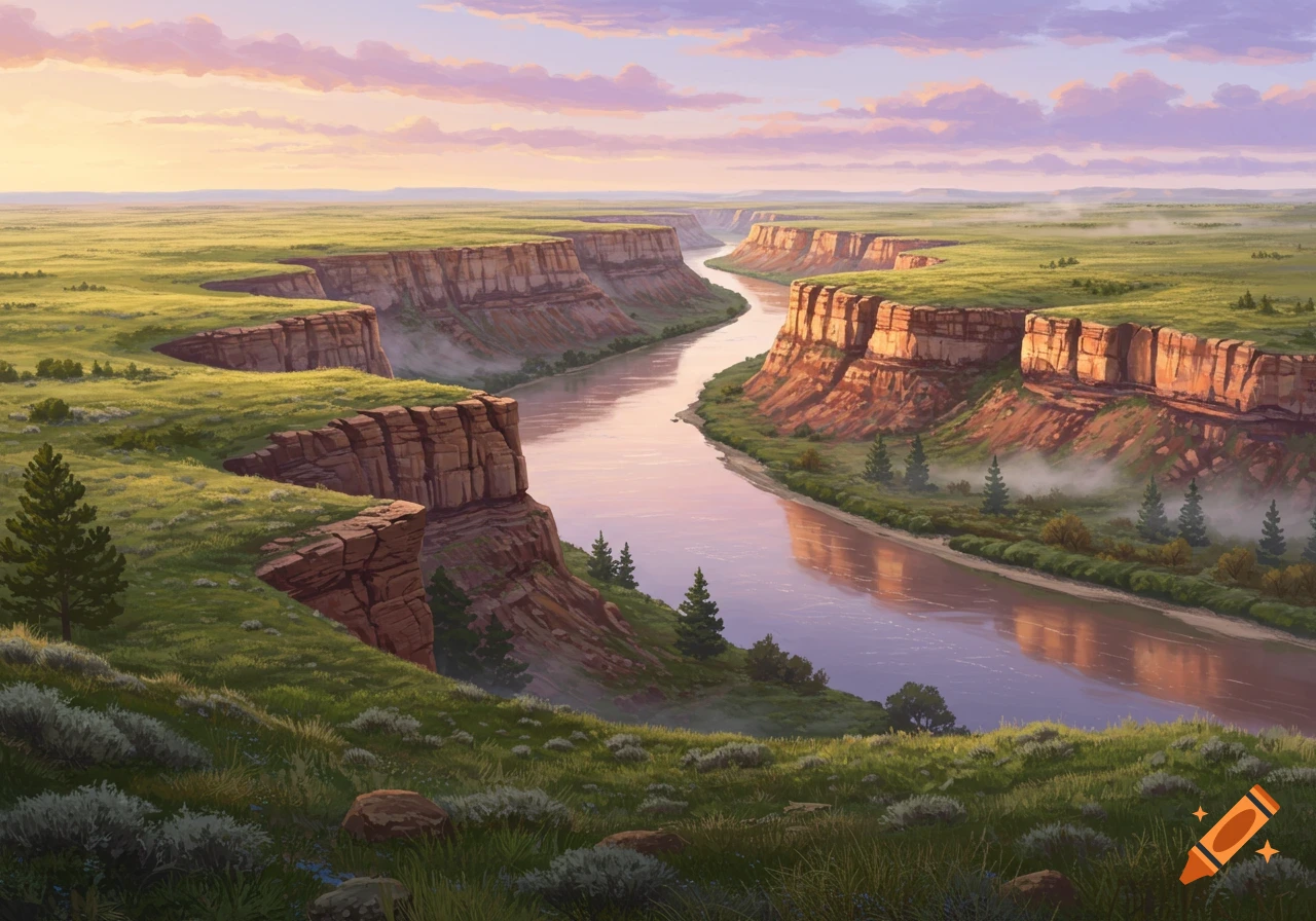 A winding river flows through a vibrant green canyon under a pastel sky at sunset, in a digital painting style.
