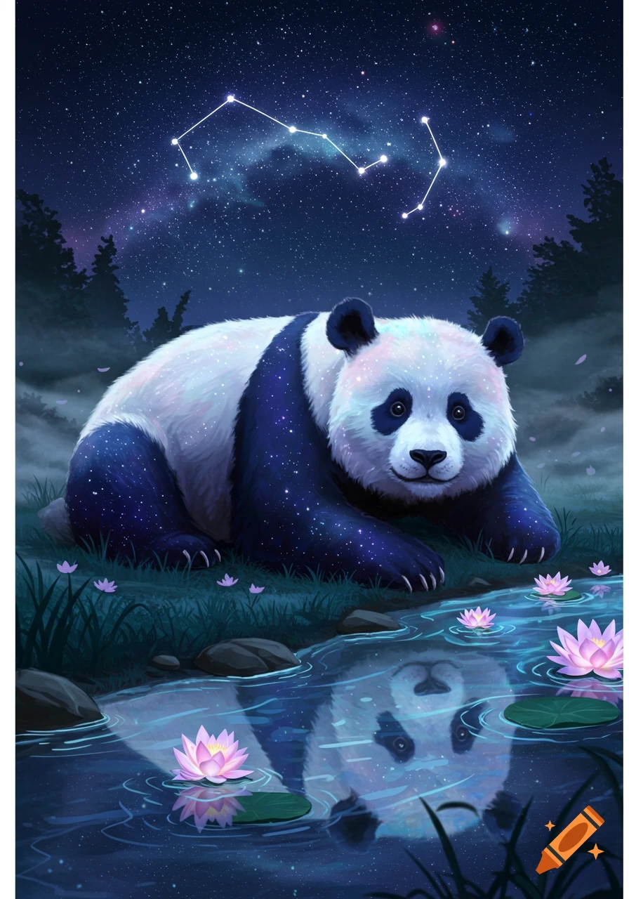 A stylized panda with galaxy-patterned fur lies by a pond with lily pads, reflecting its image under a starry night sky with a constellation.