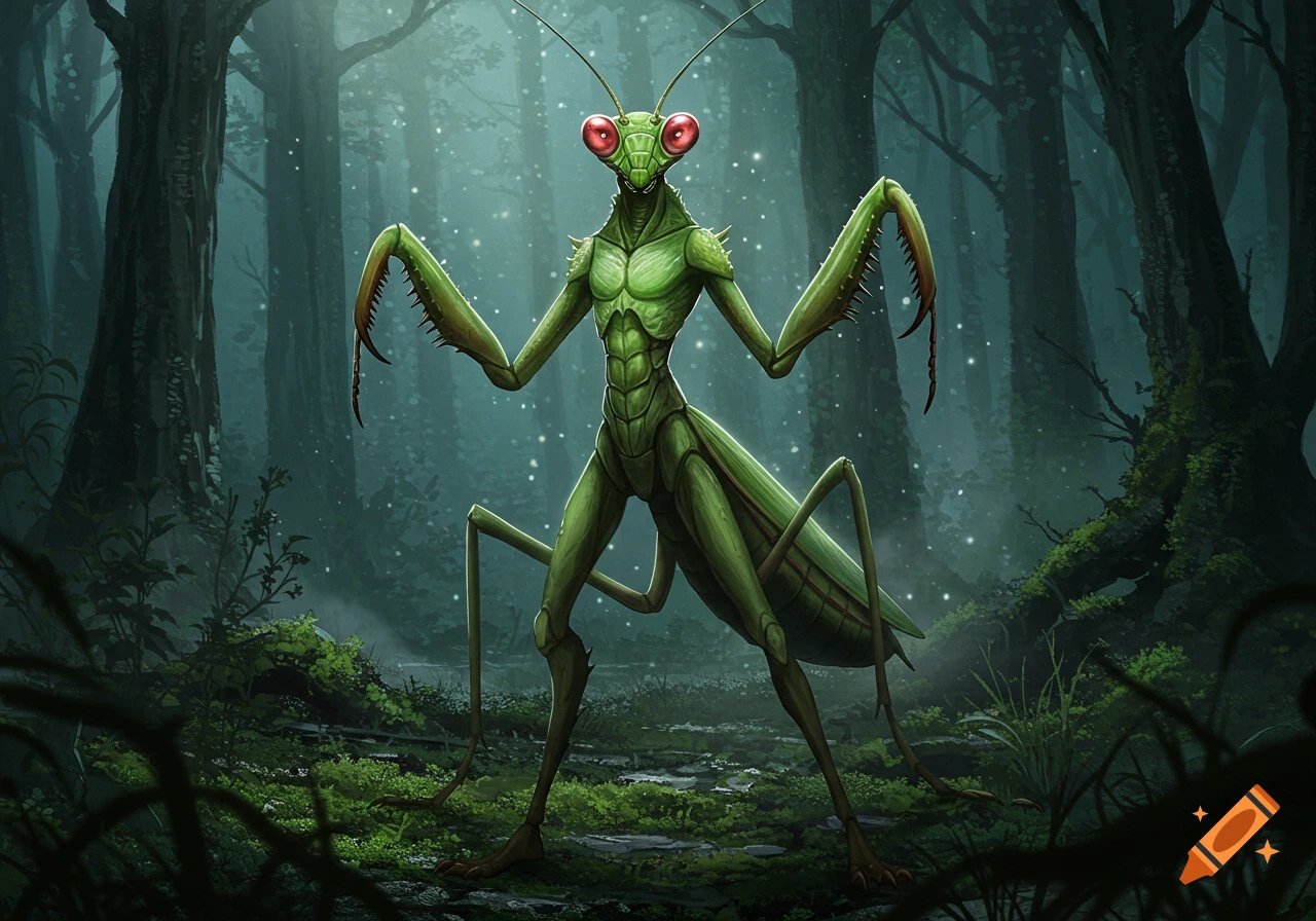 A majestic green praying mantis humanoid with large red eyes stands in a dark, misty forest.