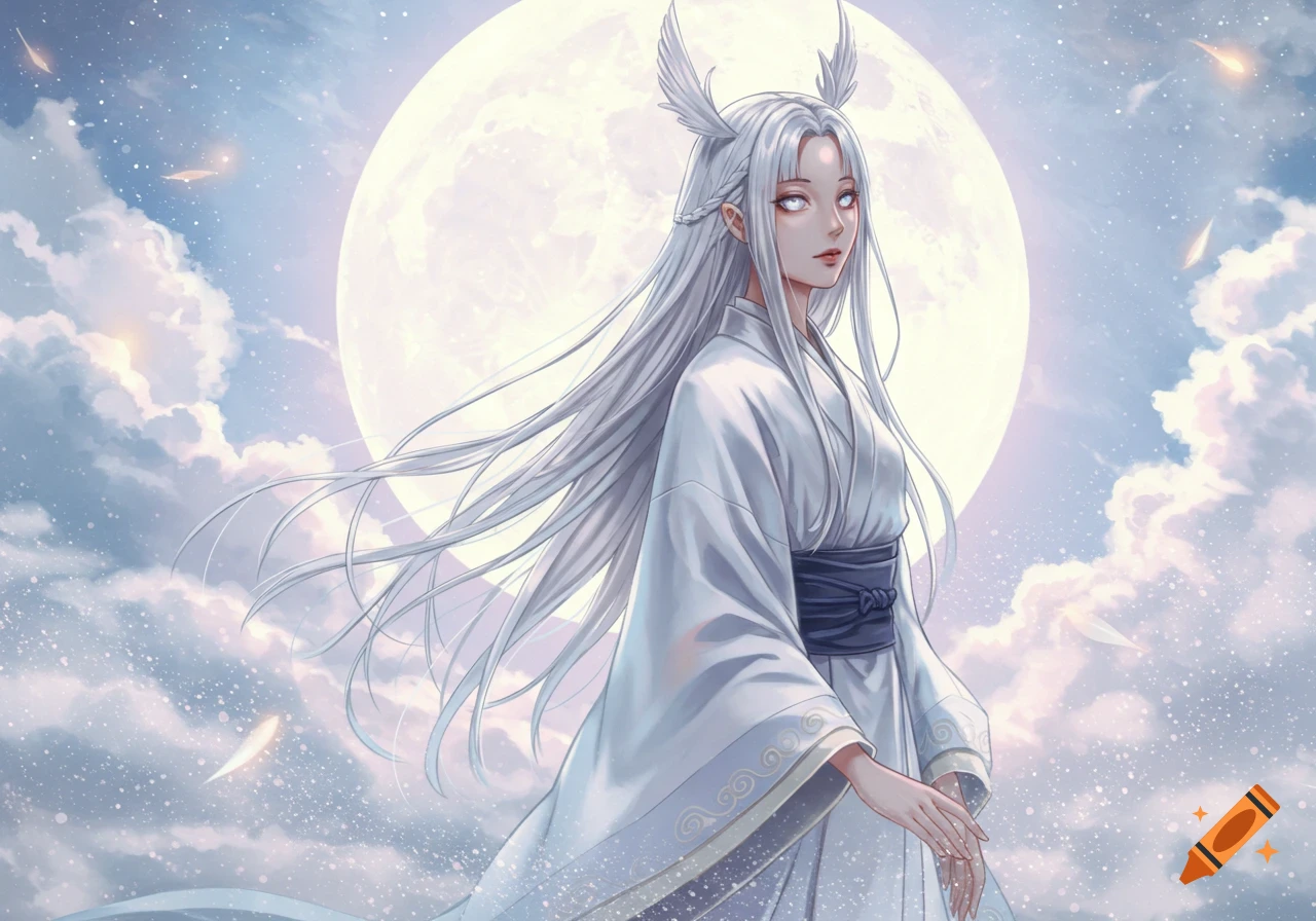 Anime illustration of a white-haired woman in a white robe with wing-like ears, under a full moon in a starry sky.