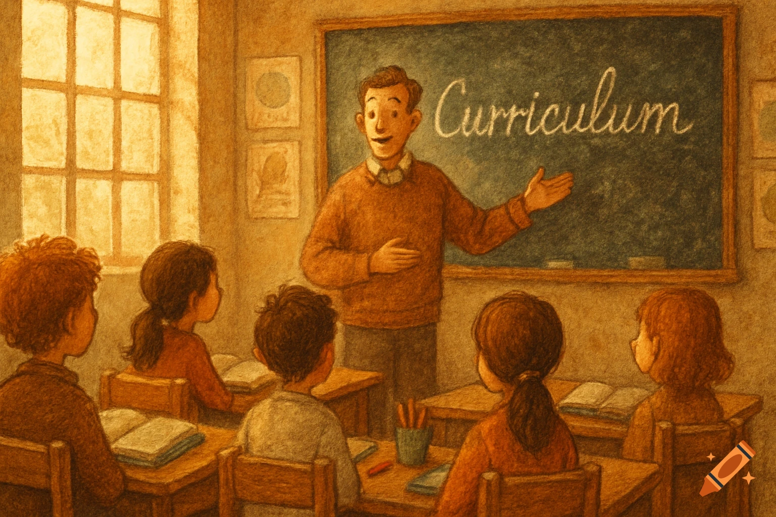 Rustic animation: A teacher at a blackboard with 'Curriculum' teaches students in a classroom.