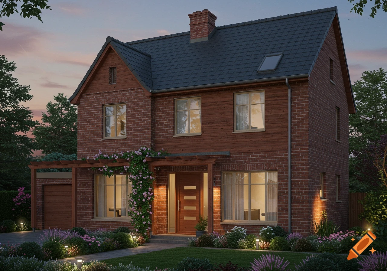 Photorealistic image of a two-story brick and wood house at dusk with illuminated windows, a front garden, and a pergola covered in climbing roses.