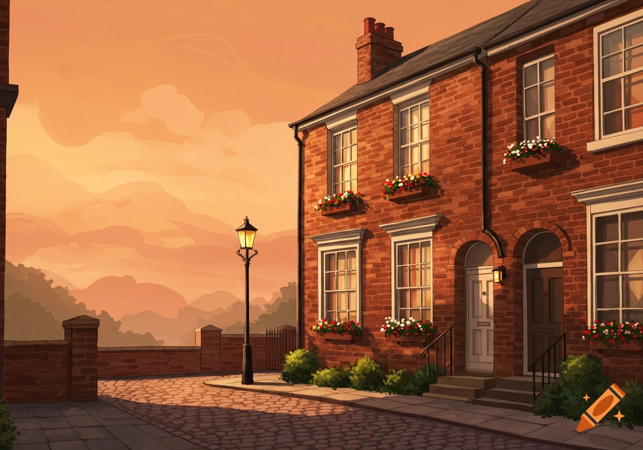 Illustrated terraced brick house on a cobblestone street with a lamppost at sunset, under an apricot sky.