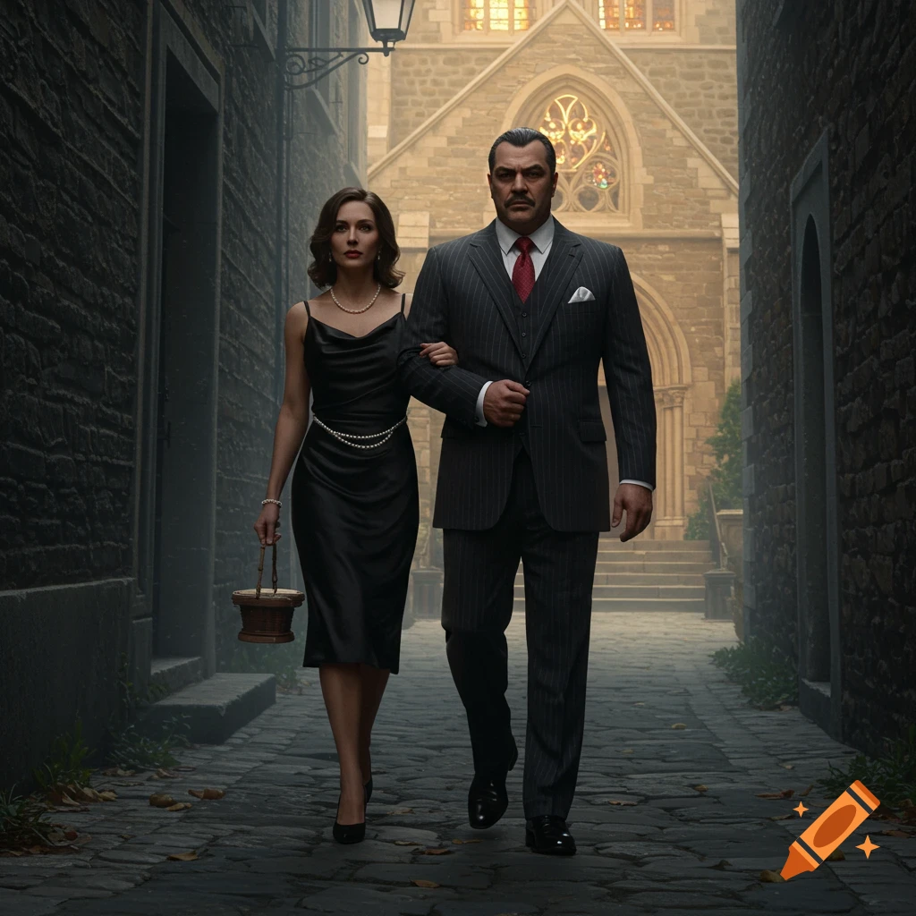 A man in a pinstripe suit and a woman in a black dress walk arm-in-arm down a dark cobblestone alley towards a church.