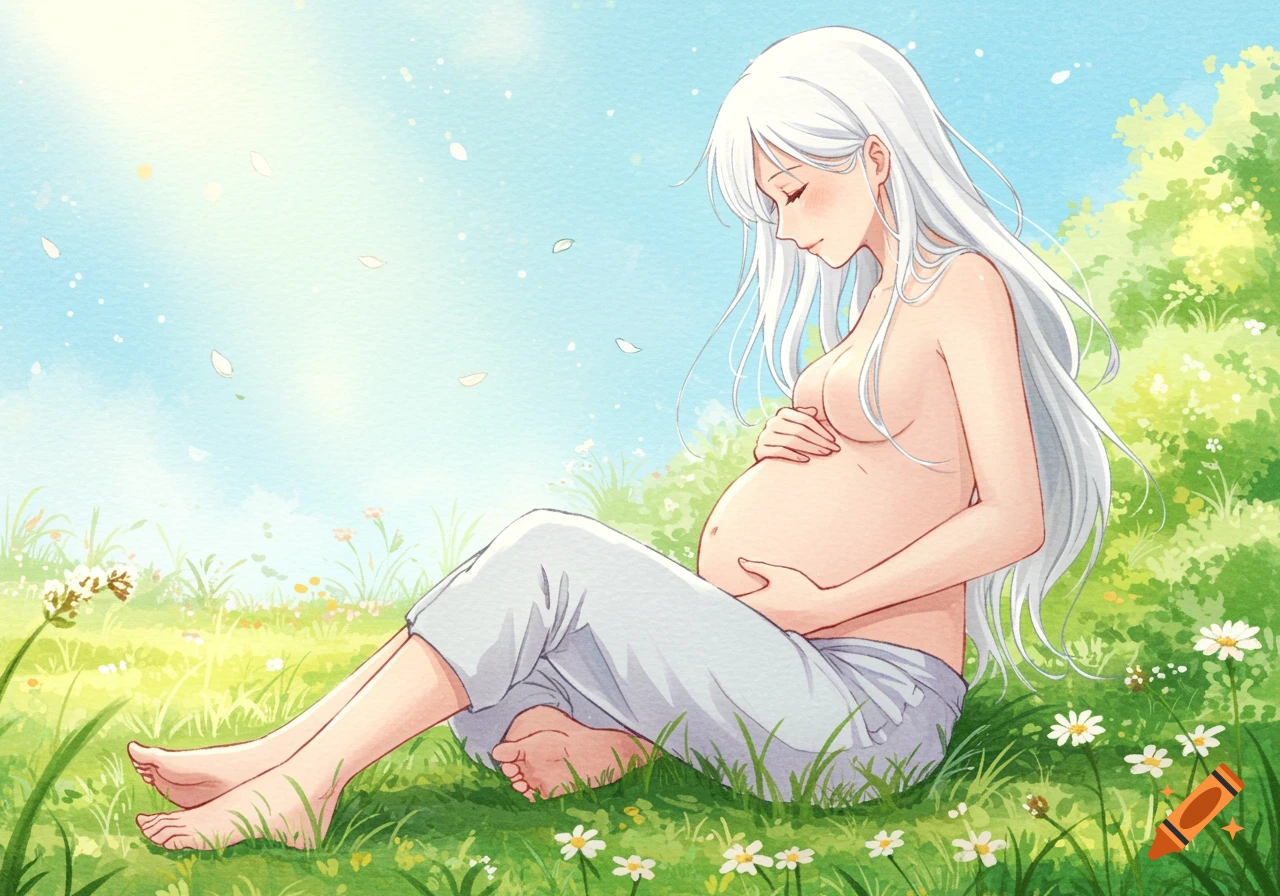 Anime illustration of a pregnant woman with long white hair sitting in a grassy field, gently rubbing her belly.