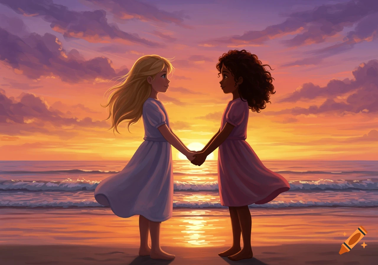 Two cartoon girls, one blonde and one with dark curly hair, hold hands on a sandy beach at a vibrant sunset.