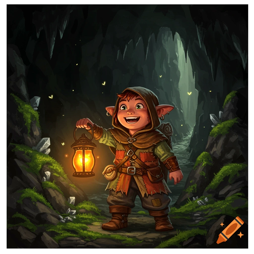 A cheerful, hooded halfling adventurer with a glowing lantern stands in a dark, mossy cave.