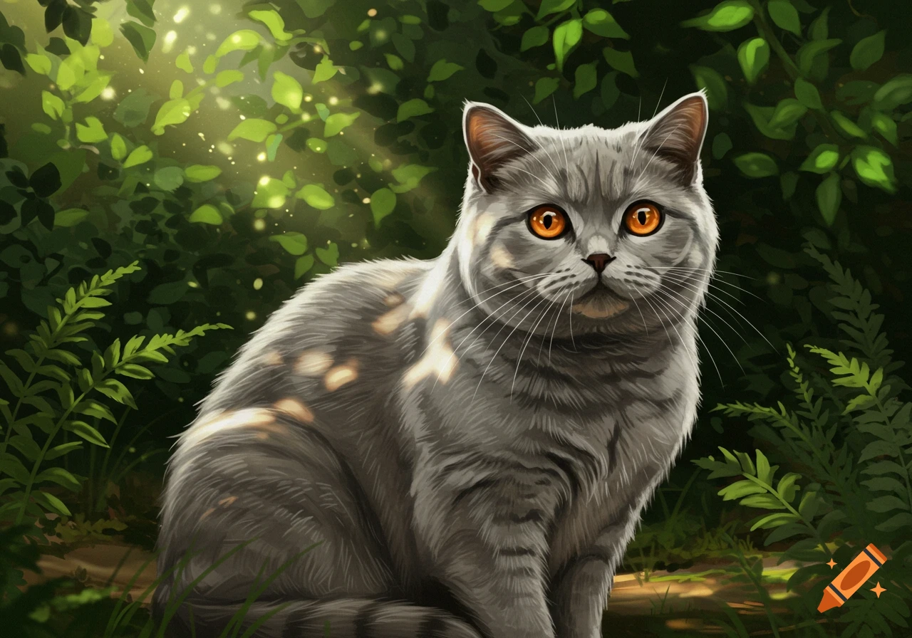 A grey Scottish Straight cat with bright orange eyes sits amidst lush green foliage with dappled sunlight.