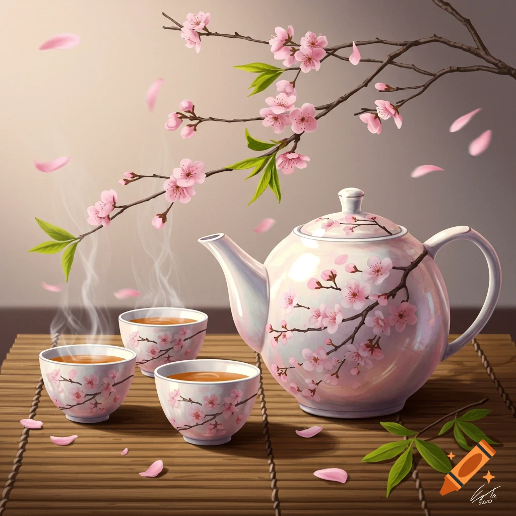 A white teapot and three cups decorated with pink cherry blossoms on a bamboo mat, with a blooming branch overhead.