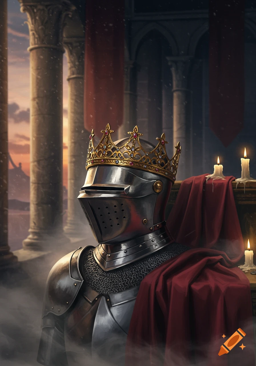 A close-up of a detailed knight's helmet wearing a golden crown, draped in red fabric, against a castle background at sunset.