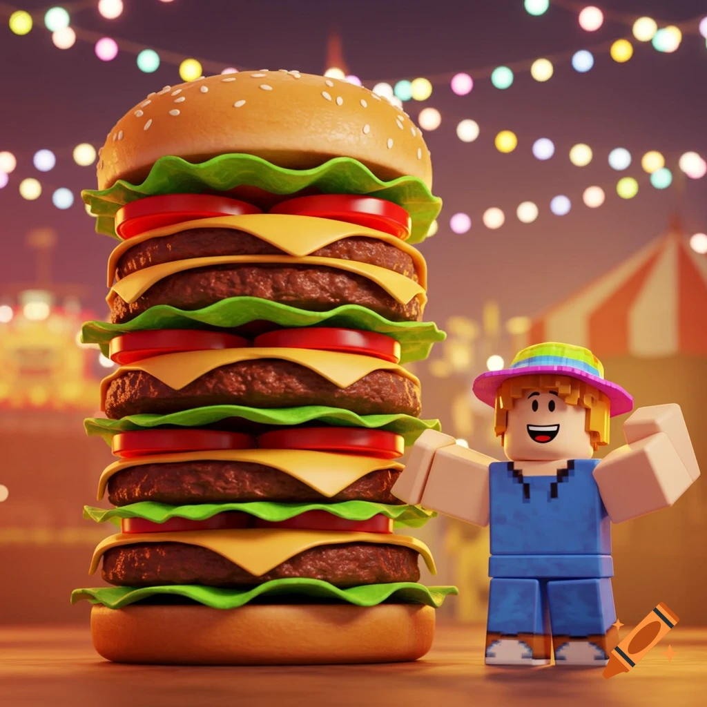 A smiling Roblox character stands next to a huge multi-layered burger at a carnival, with colorful lights in the background.