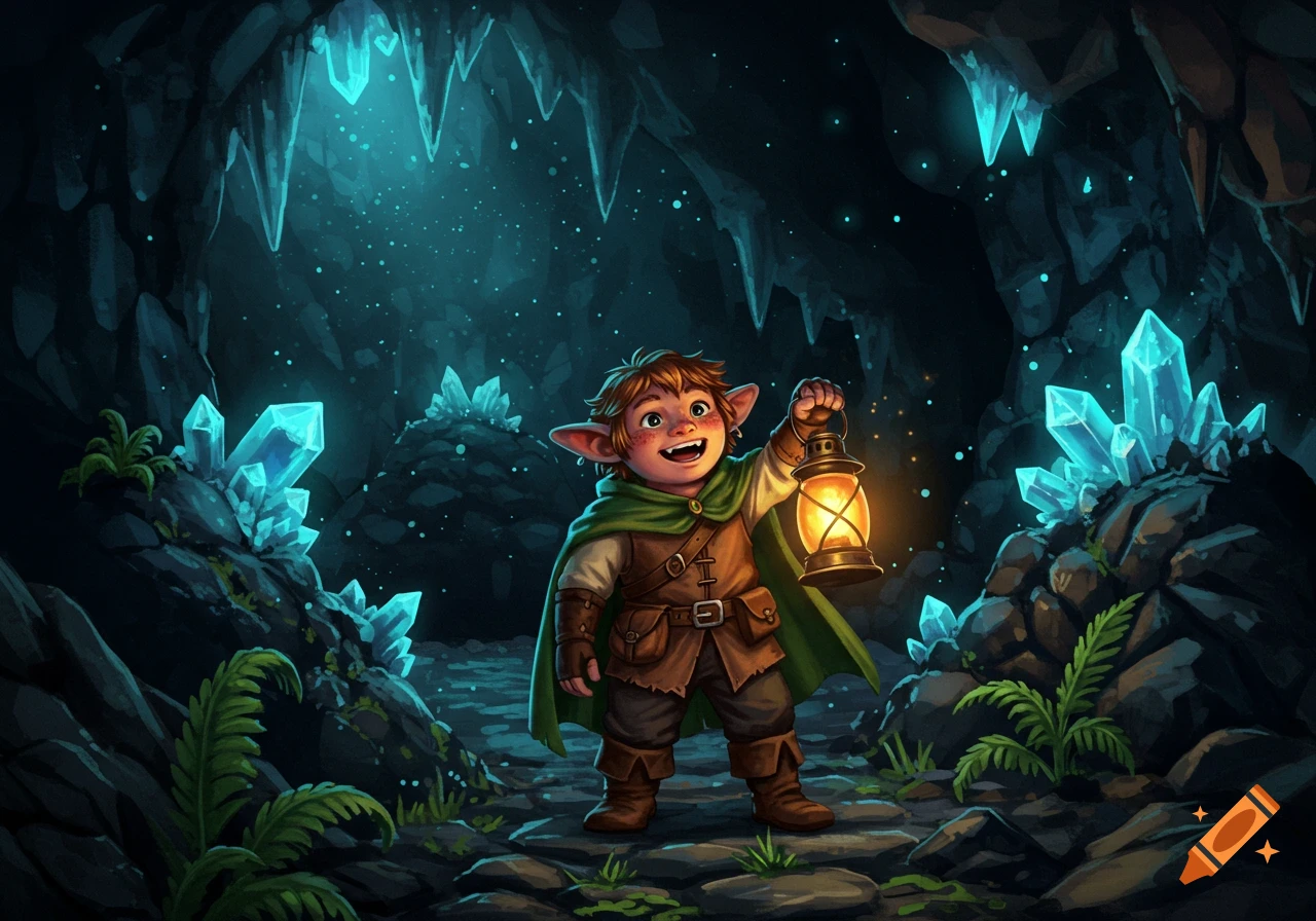 A cheerful halfling adventurer holds a glowing lantern in a magical, crystal-filled cave.
