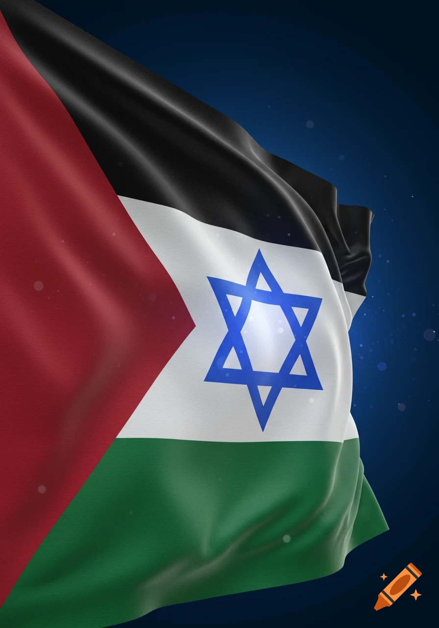 A waving flag combining the red, black, white, and green stripes of the Palestinian flag with a blue Star of David in the center, set against a dark blue background.
