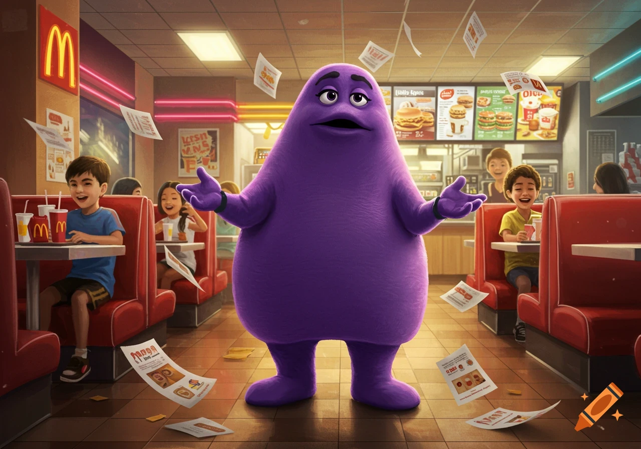 Grimace stands confused in a McDonald's restaurant with children sitting in booths and papers flying around him. The scene is brightly lit.