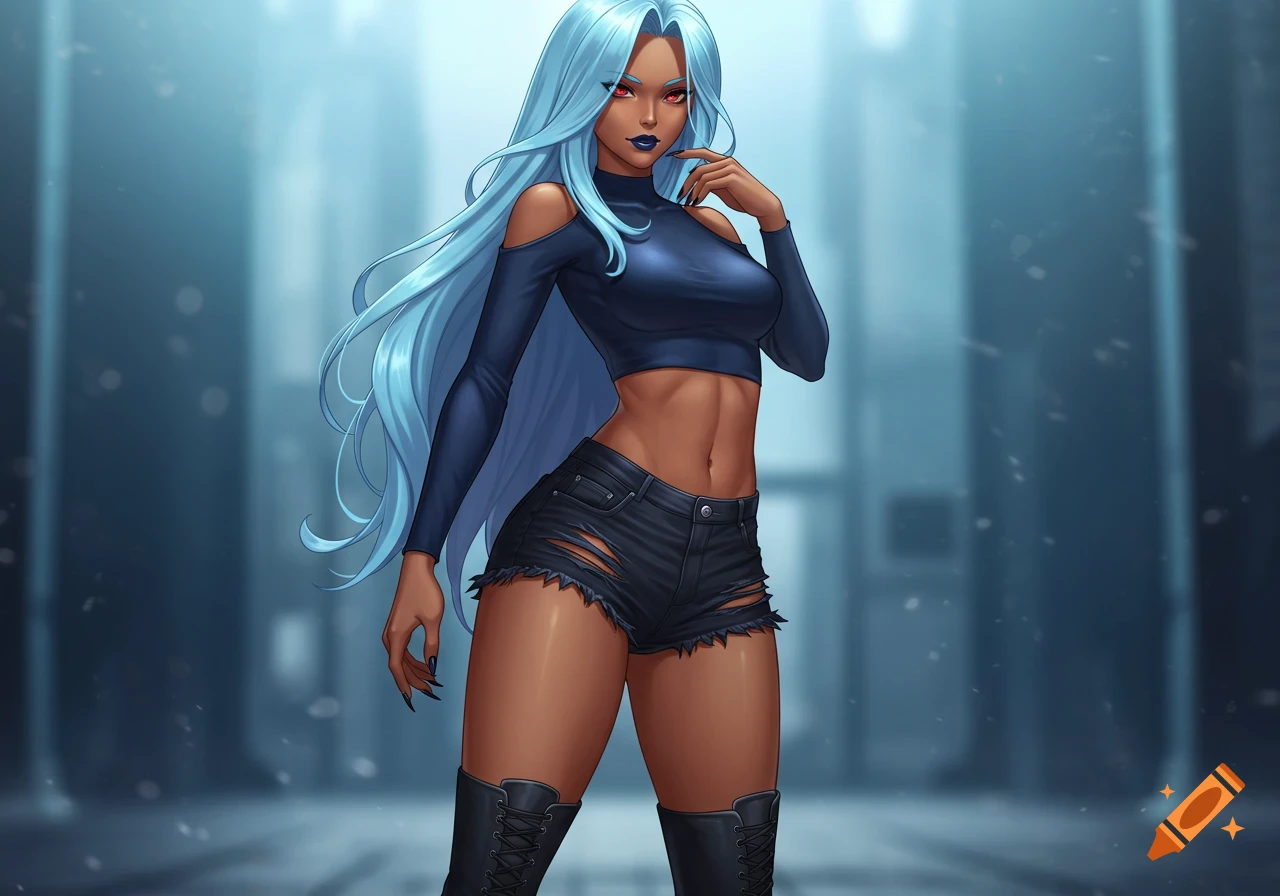 Anime character with long light blue hair, tan skin, red eyes, dark blue crop top, ripped black shorts, and combat boots.
