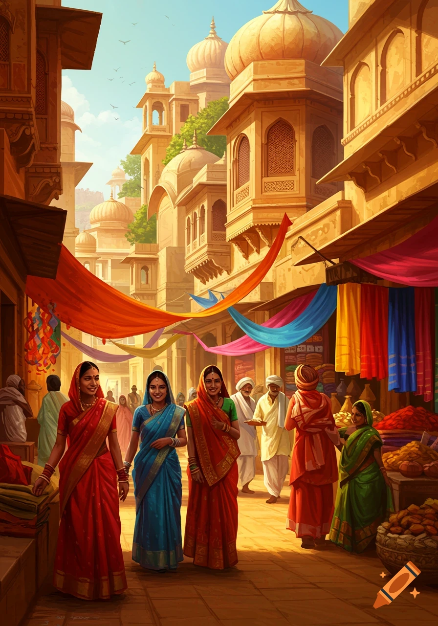 Vibrant market street in India with three women in colorful saris walking past stalls and ornate buildings under a sunny sky.