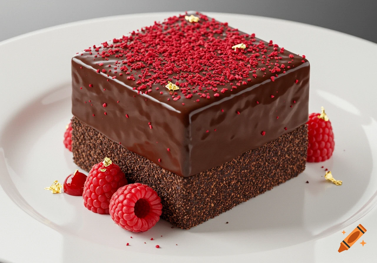 Photorealistic image of a square chocolate cake with raspberry sprinkles, fresh raspberries, and gold leaf on a white plate.