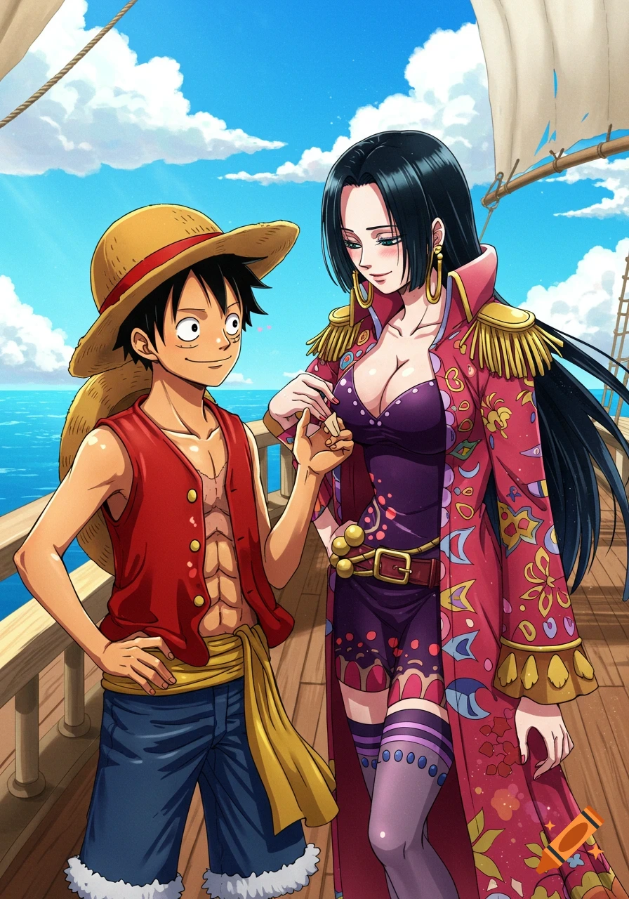 Anime style depiction of Luffy and Boa Hancock on a ship deck, holding hands affectionately under a blue sky.