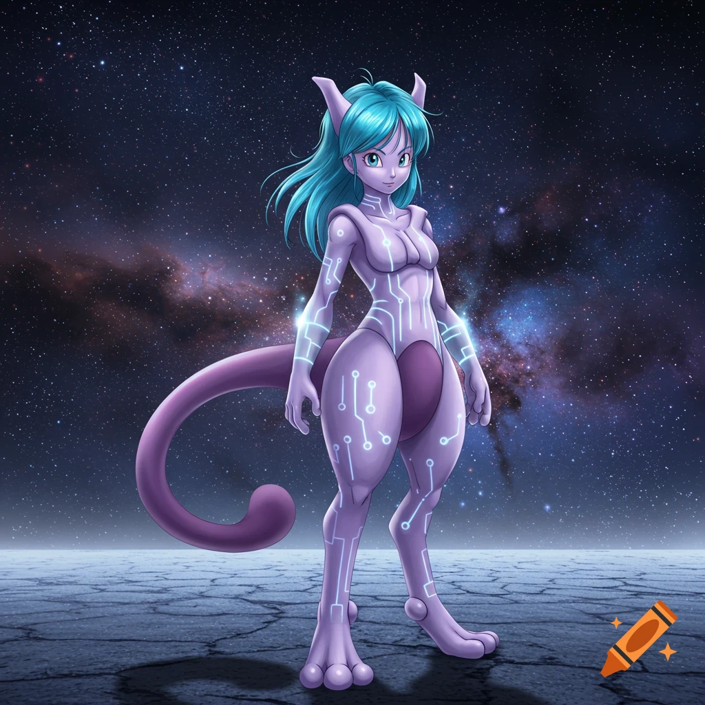 Anime-style fusion of Bulma and Mewtwo with purple skin, teal hair, and circuit patterns, standing on cracked ground under a starry galaxy sky.