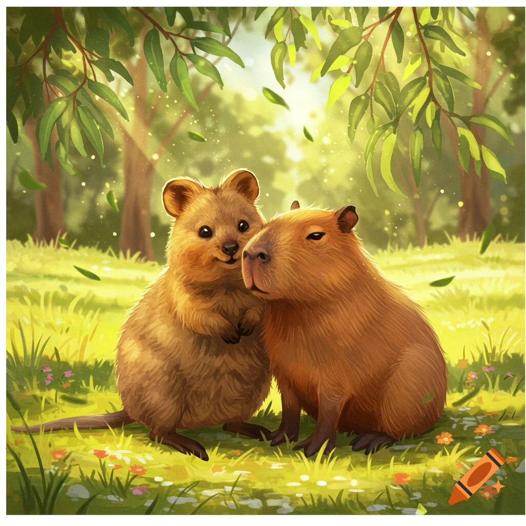 A cute quokka and a capybara embrace in a sun-dappled forest clearing, rendered in an illustrative style.