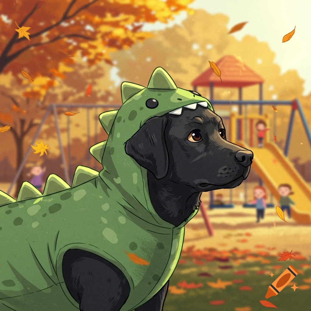 A cartoon black labrador dog wearing a green dinosaur costume stands in an autumn playground with children playing in the background.