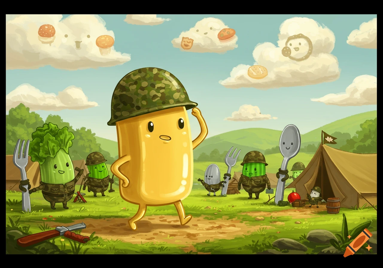 A cartoon butter noodle character in a military helmet salutes in a grassy camp, surrounded by other food and utensil characters in military outfits.