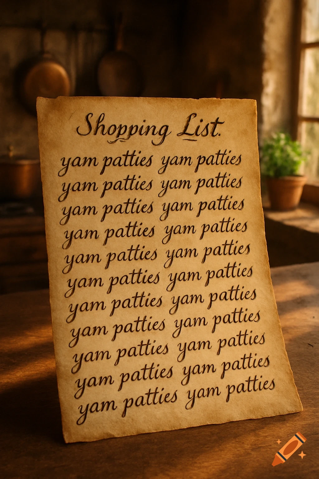 A vintage-style shopping list on old paper, titled "Shopping List" and listing "yam patties" repeatedly, in a rustic kitchen.