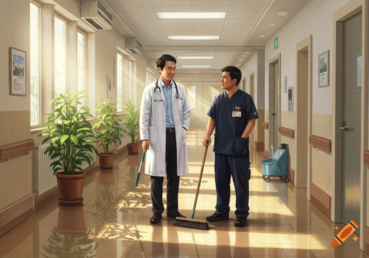 A doctor in a white lab coat talks to a janitor holding a broom in a sunlit hospital hallway with potted plants.