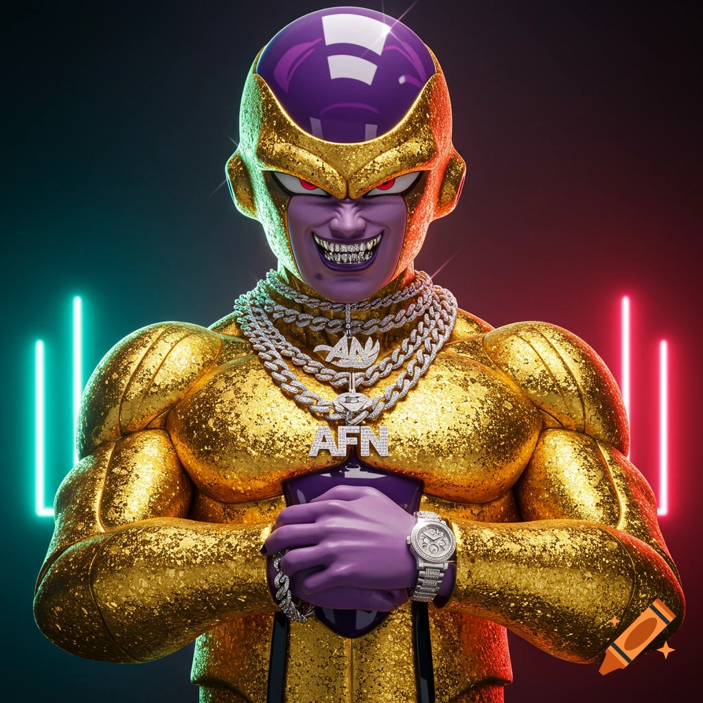 Golden Frieza with diamond grills, chains, and watch, against a dark background with neon lights.