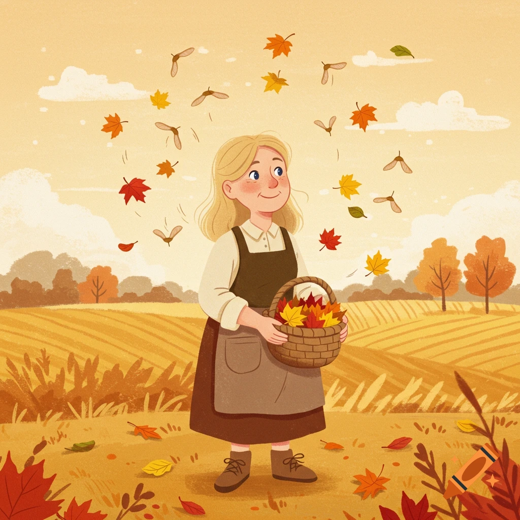Cartoon blond woman in a brown apron stands in an autumn field, holding a basket of maple leaves as more leaves and seeds fall around her.
