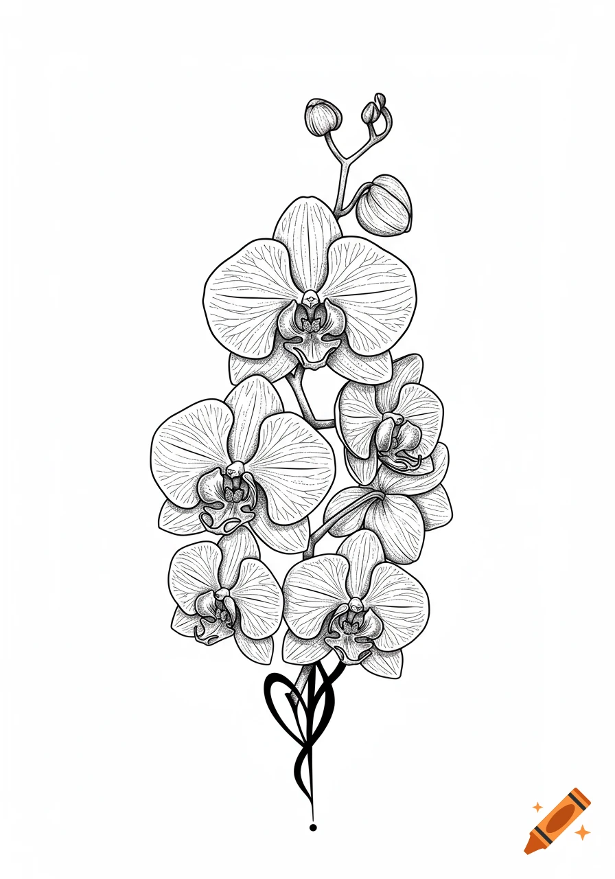Detailed black and white line art drawing of a cluster of orchids with buds and a decorative swirl.