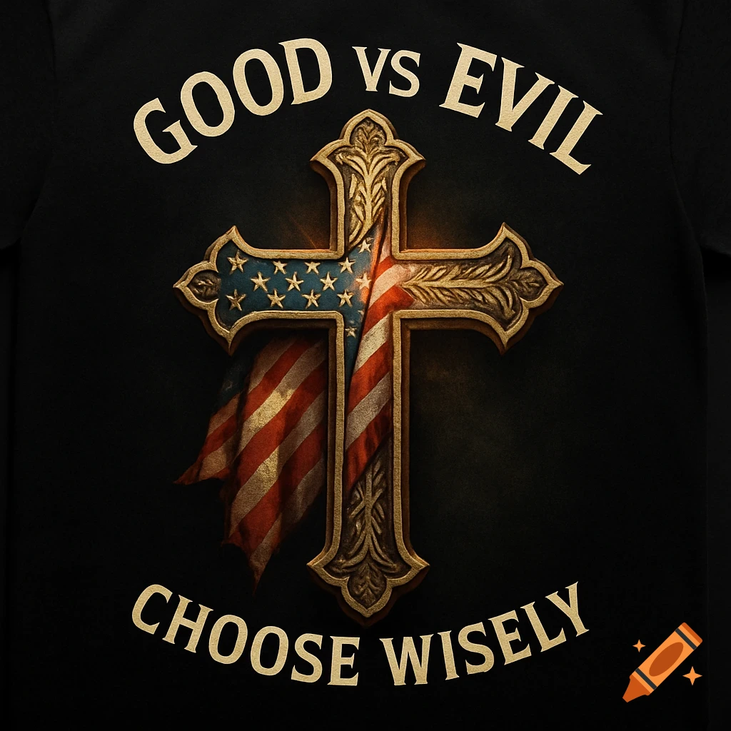 A t-shirt design with a detailed cross wrapped in an American flag, and the text "GOOD VS EVIL" and "CHOOSE WISELY".