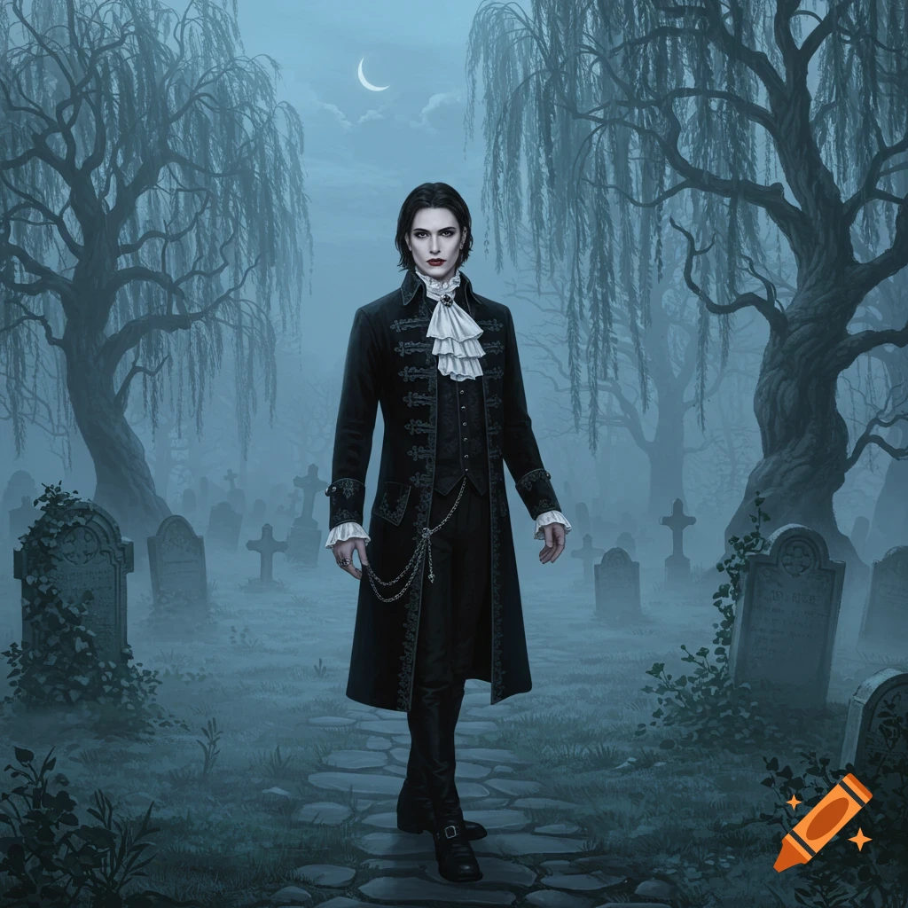 A person in a black gothic coat and ruffled shirt stands on a cobblestone path in a misty graveyard at night under a crescent moon. Weeping willow trees and gravestones are visible in the background.