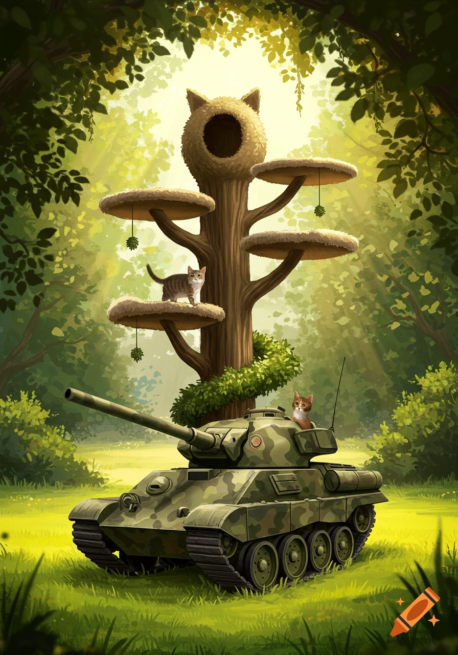 A whimsical illustration of a tabby cat in a camouflage tank and another on a tank-shaped cat tree in a sunny forest.