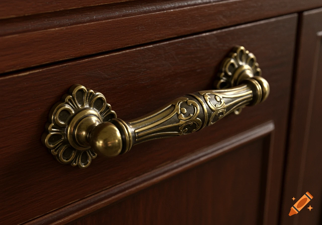 Close-up of an ornate brass handle on a dark wooden cupboard.
