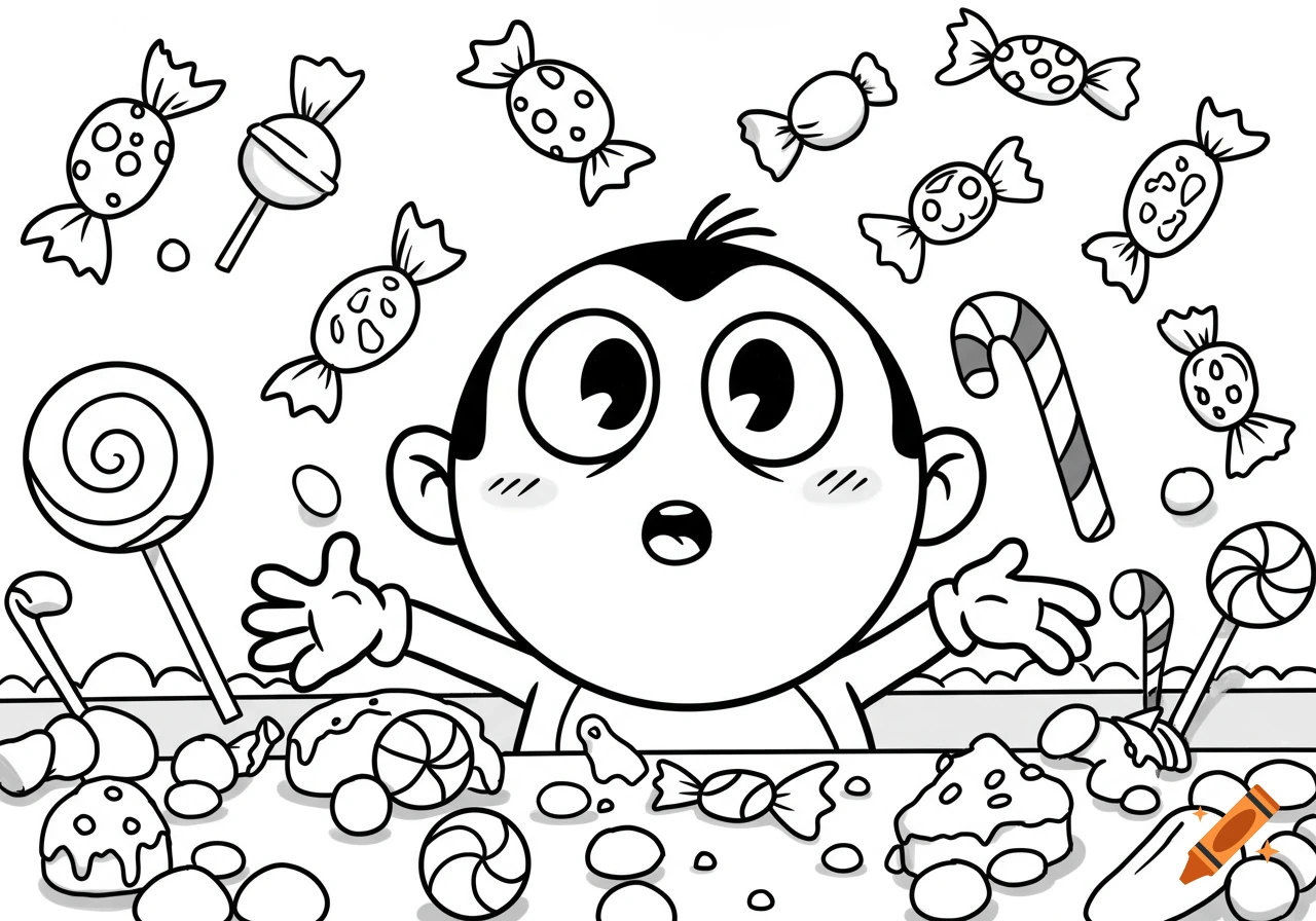 Black and white cartoon coloring page of a wide-eyed baby surrounded by lollipops, candy canes, and wrapped candies.